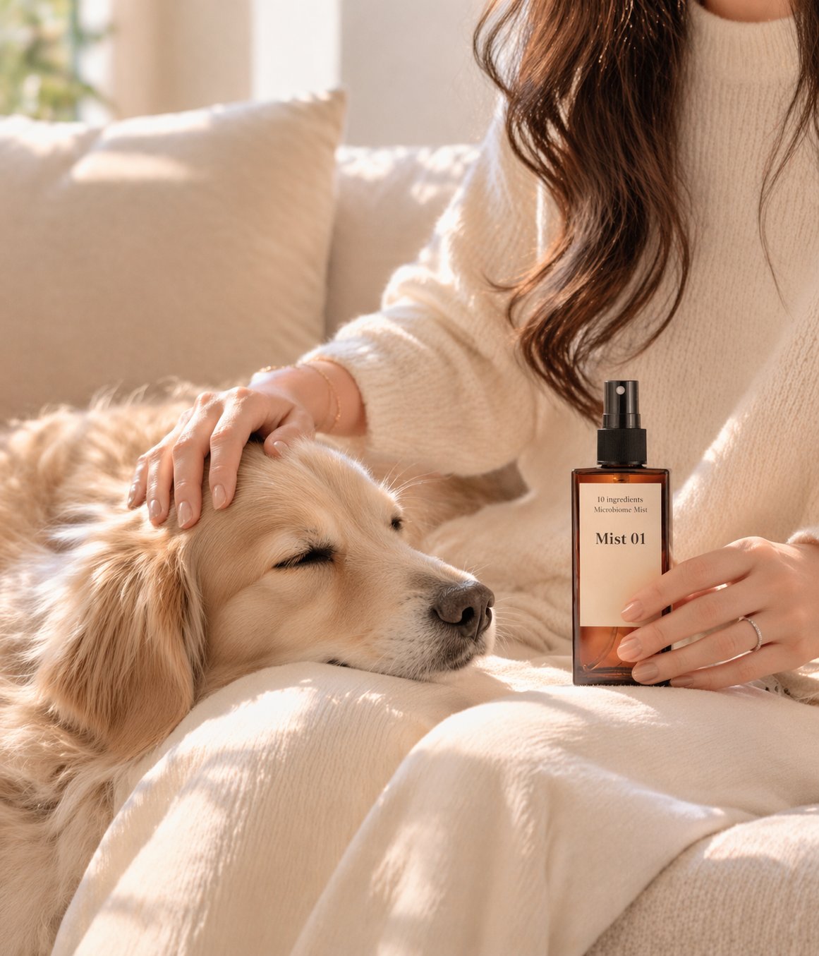 犬専用スキンケアミスト Peau Mist 01 を使う愛犬と飼い主