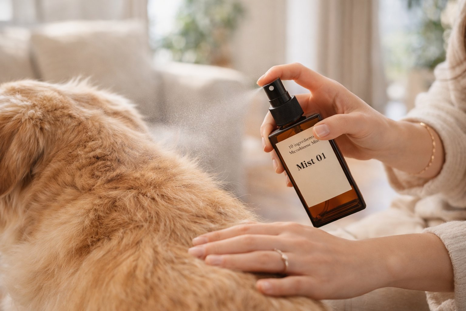 犬にスキンケアミストをスプレーする様子 におい フケ 毛並みケア